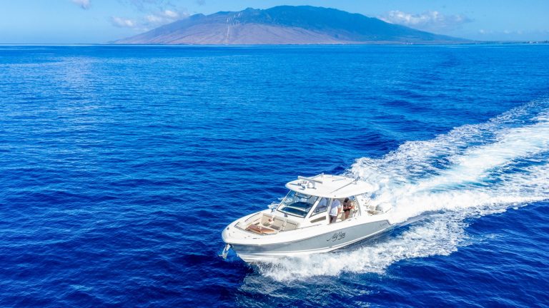 Speedboat on blue ocean with island in background under clear sky.