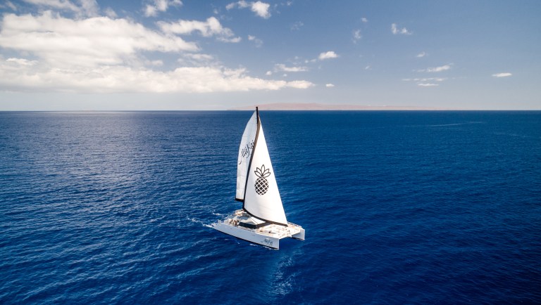 Sailboat on open ocean with clear sky and horizon in background.