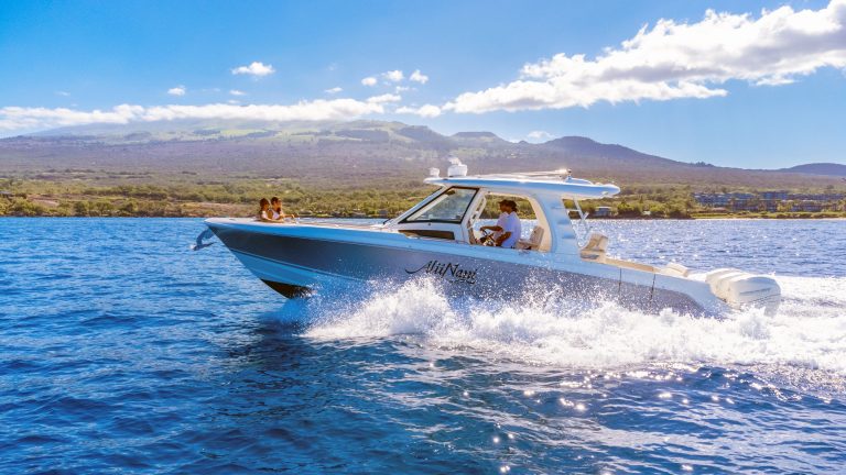 Speedboat on ocean near mountains under a cloudy sky.