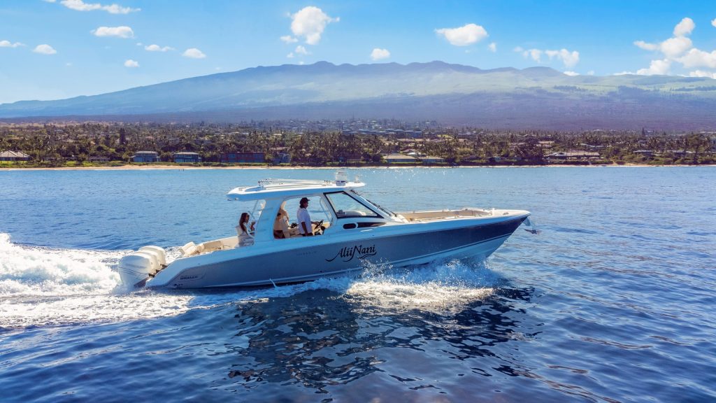 White boat with people cruising on a sunny day, mountains in background.