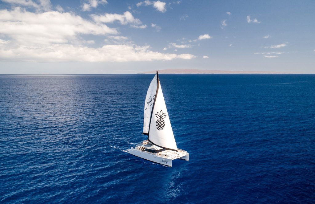 Sailboat on a vast blue ocean with a clear sky.