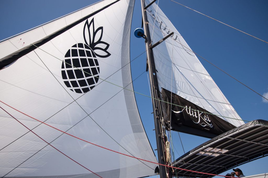 Sailing yacht mast and sails with pineapple logo, Akiloi text.