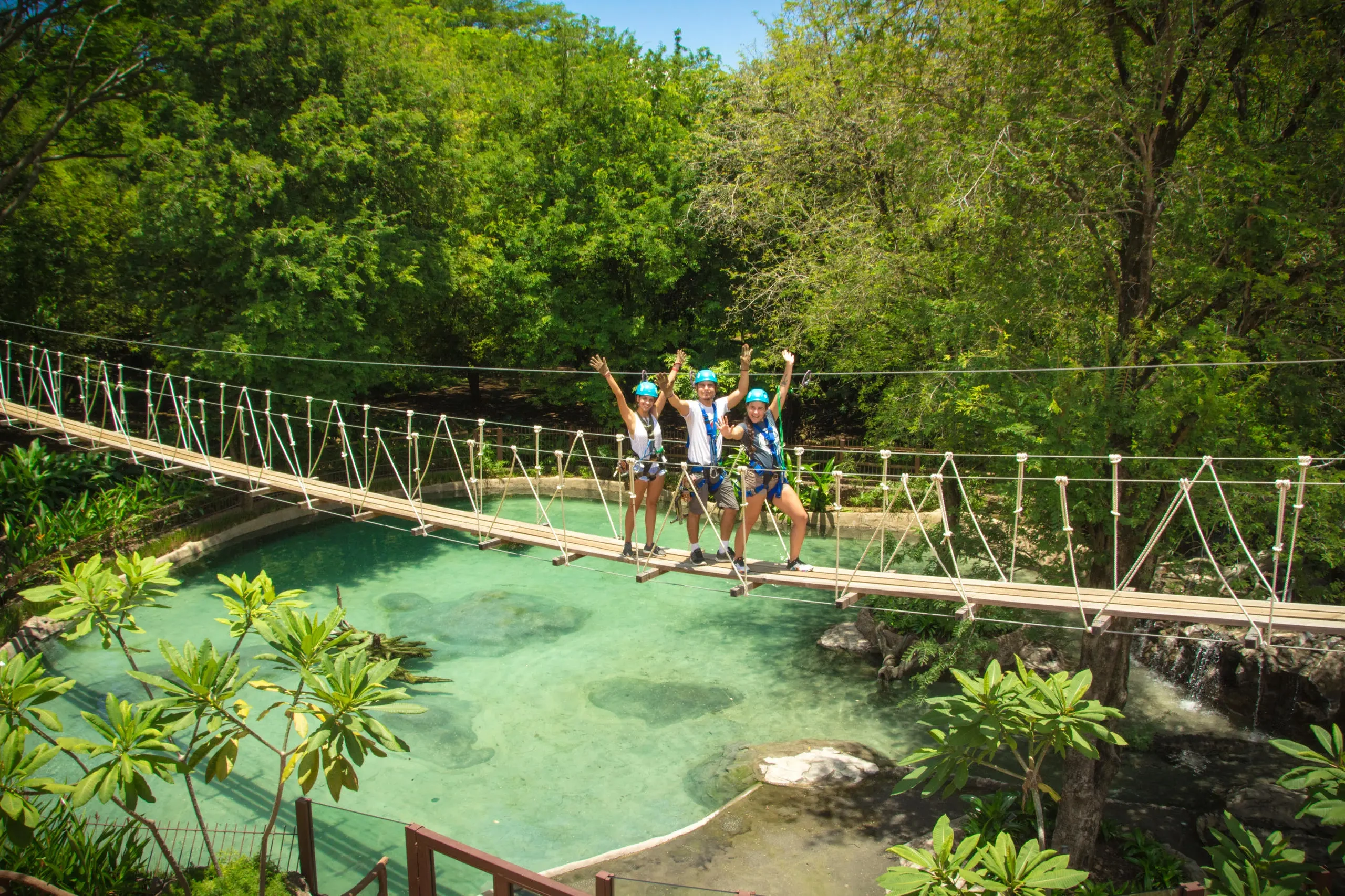 Four people on a rope bridge over a turquoise pond with lush greenery.