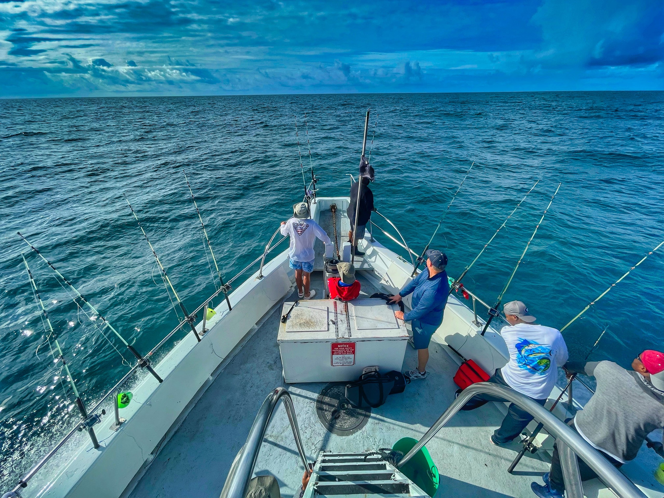 People fishing on a boat in the ocean under a blue sky.