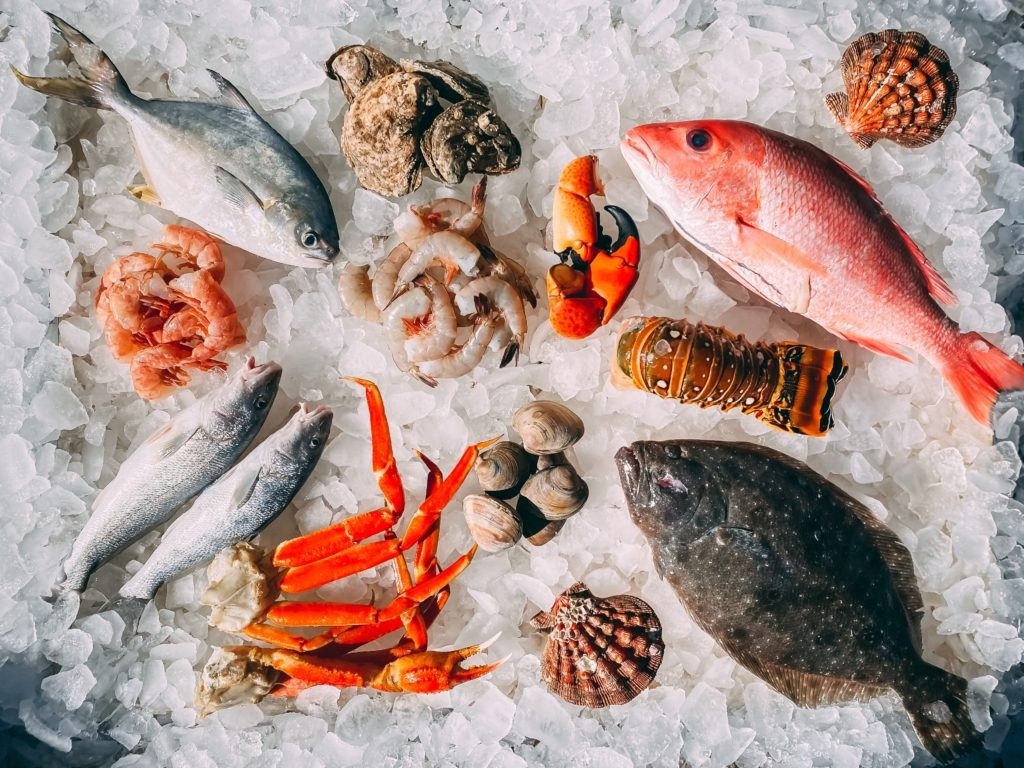 Assorted seafood on ice: fish, shrimp, crab legs, scallops, lobster tail, and clams.