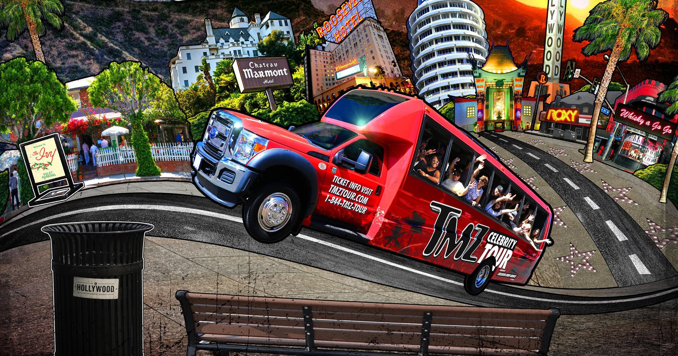 Illustration of a red tour bus on a curvy Hollywood road.