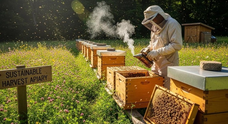 Beekeeper in protective gear tending to bees at an apiary with hives and blooming flowers.