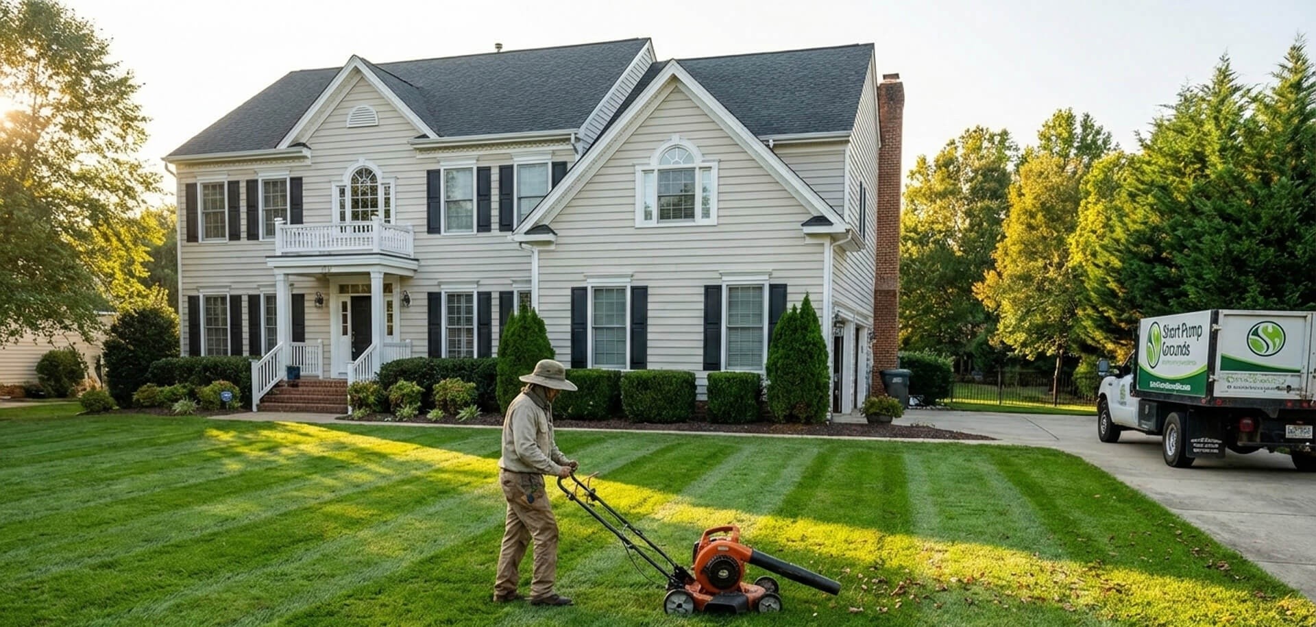Person mowing lawn in front of a large house with a landscaping truck nearby.