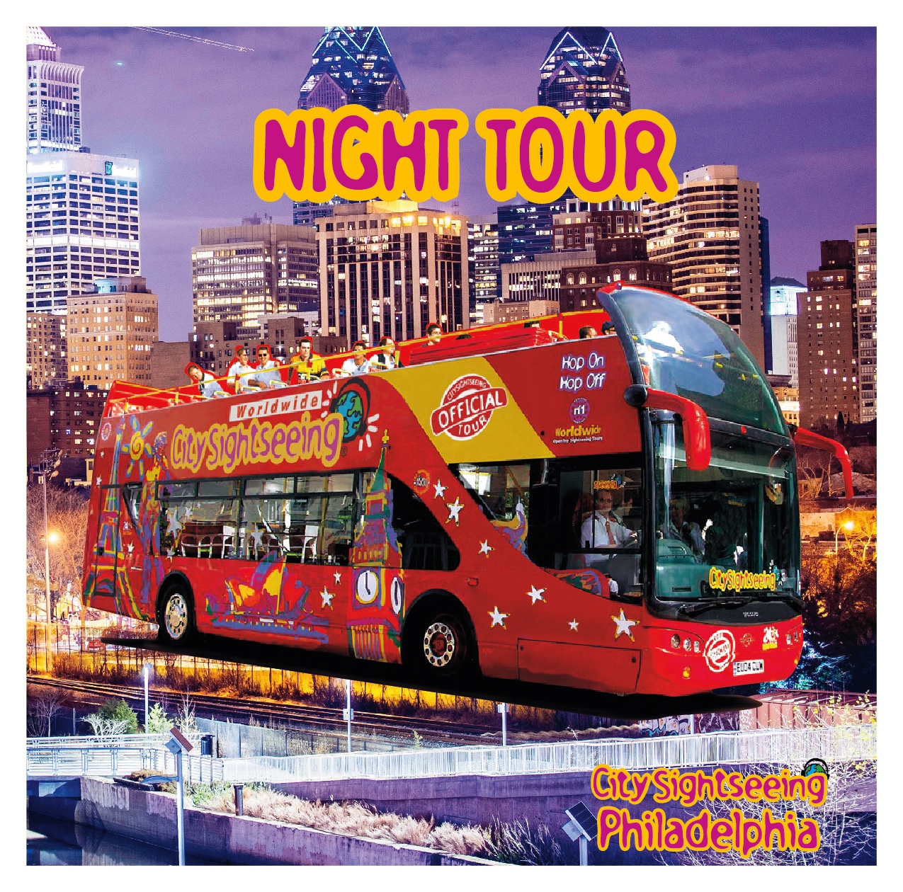 Double-decker bus at night with city skyline in background, text reading 'Night Tour'.