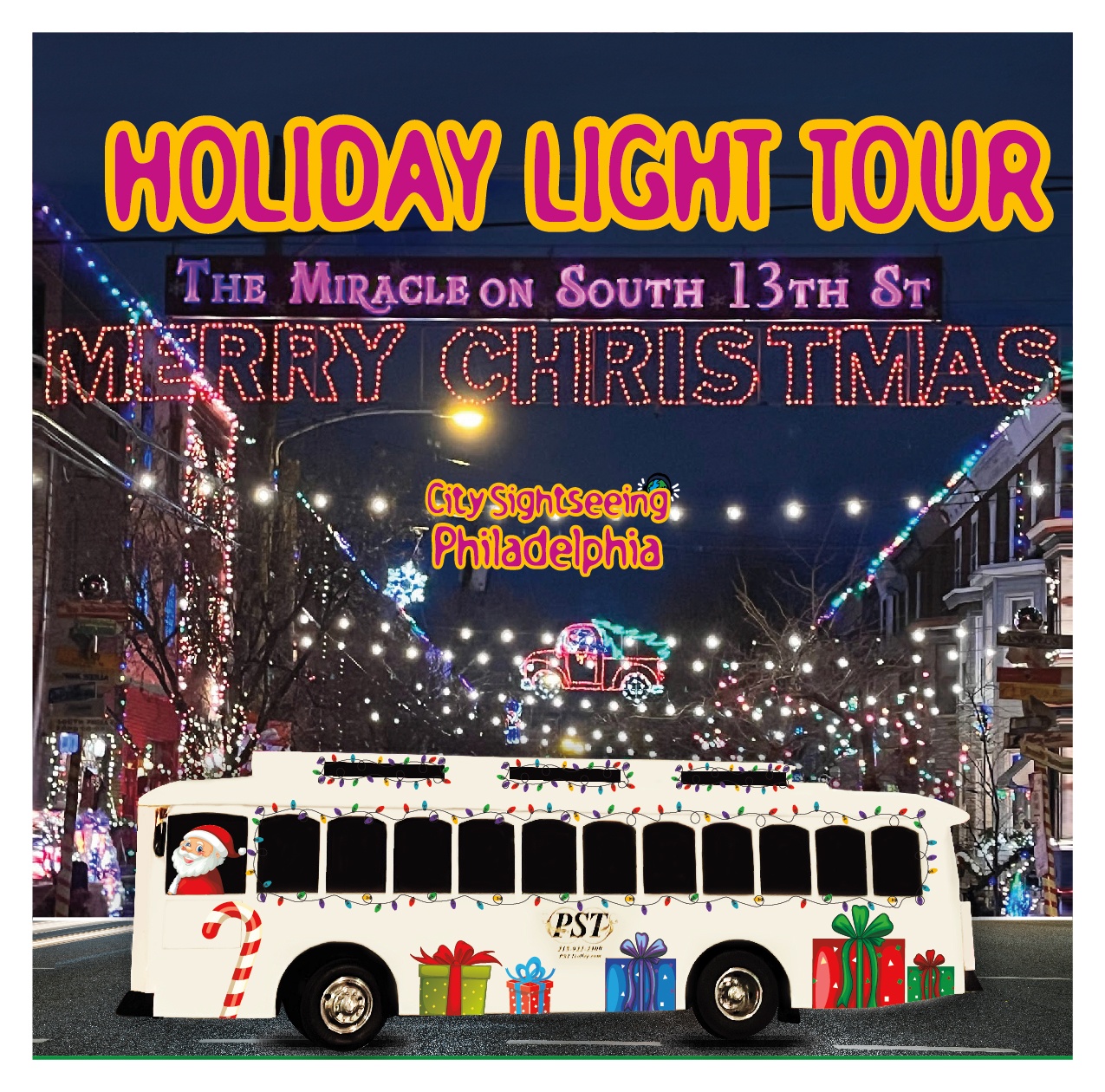 Festive holiday bus tour ad with lights and decorations.
