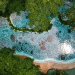 Aerial view of a mosaic-tile swimming pool surrounded by lush green trees.
