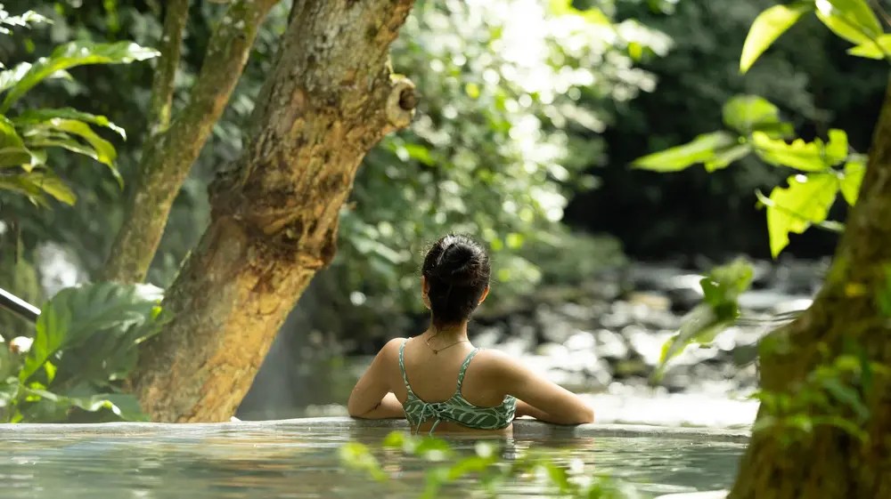 Person in a pool surrounded by lush greenery looking at a forested stream.