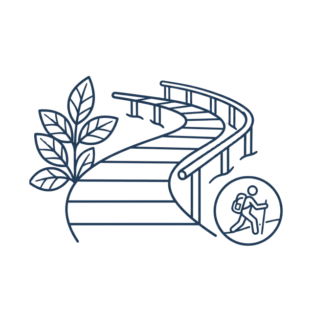 Line drawing of a curved boardwalk with leaves and a hiker icon.